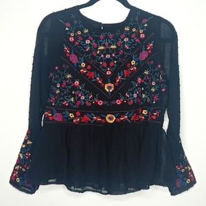 *SOLD*  Allison New York Black Peasant Blouse, Floral Embroidered - S